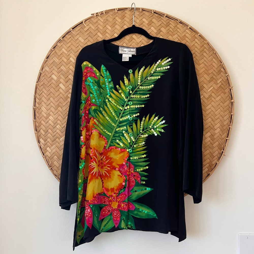 DIANE GILMAN 100% SILK TROPICAL PALMS RESORT-WEAR PANT SUIT W/ SEQUIN‎ DETAILING - Picture 4 of 14